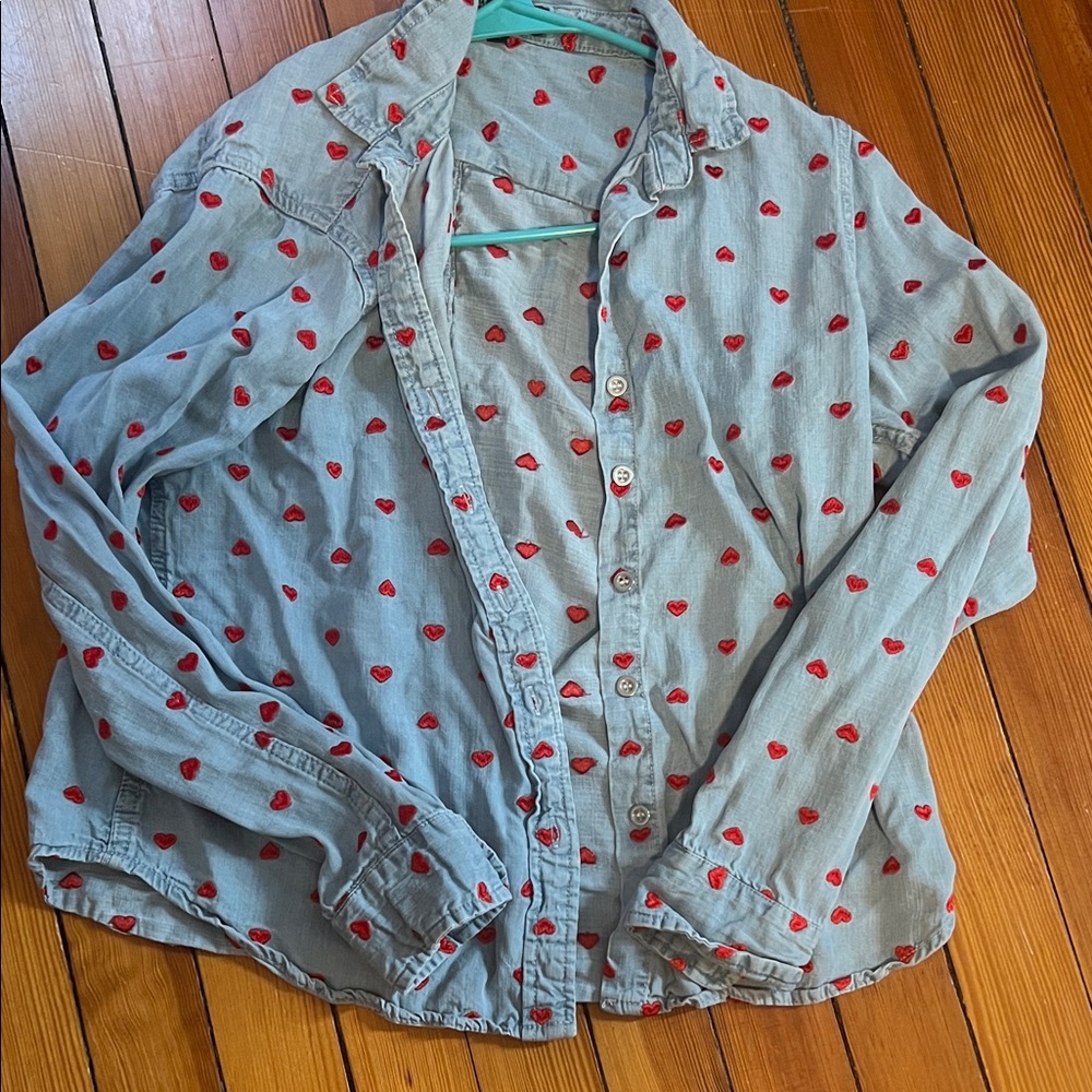 Velvet Heart Denim Shirt with Red Heart Accents